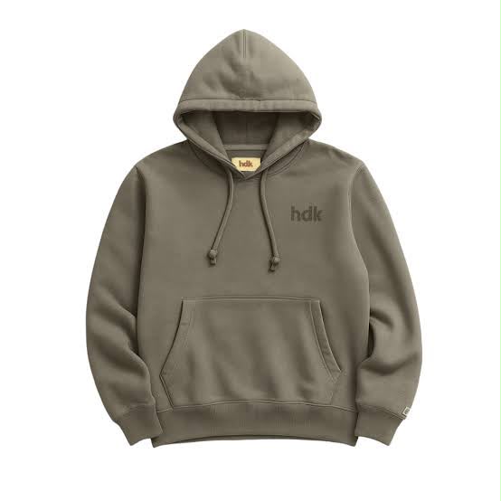 Hoodie olive hasil produksi custom dengan detail logo di dada